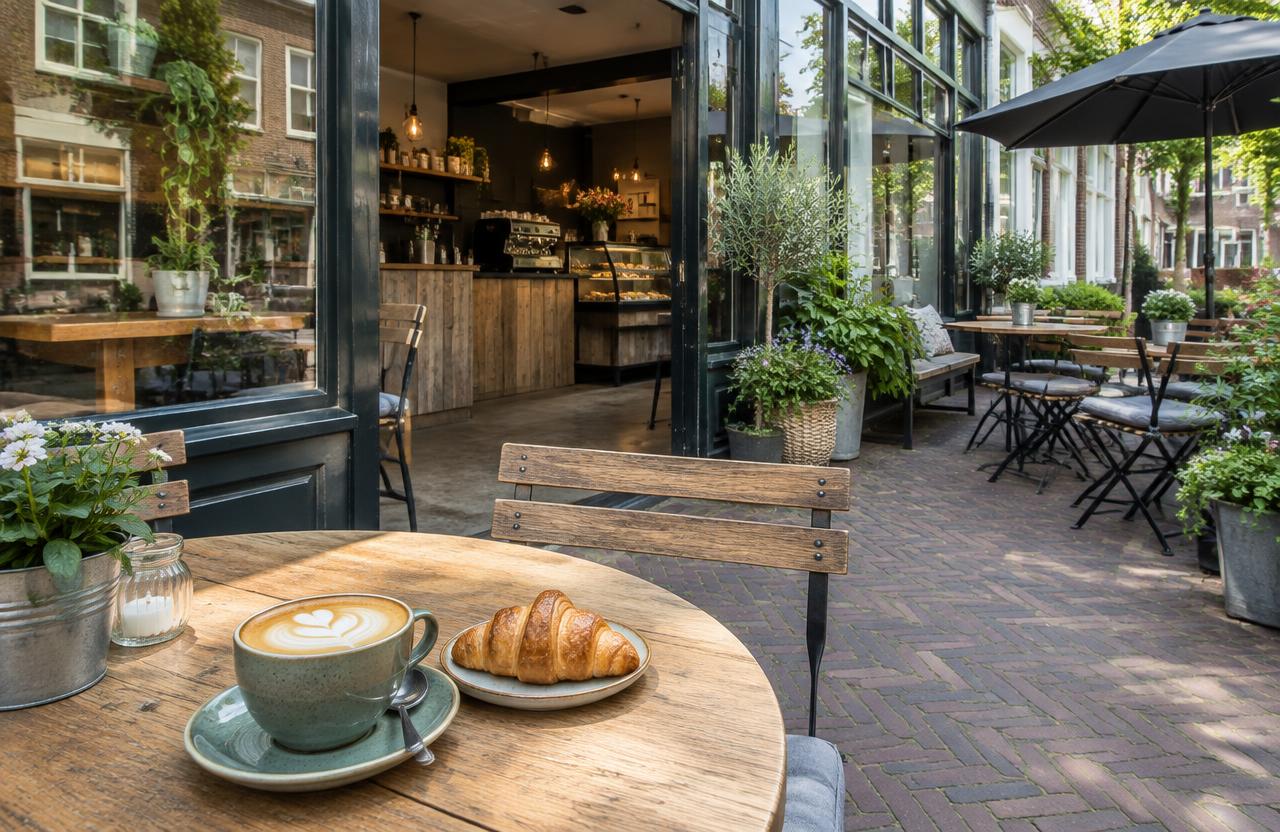 Fictieve koffiebar met terras — conceptvoorbeeld, geen echte klant